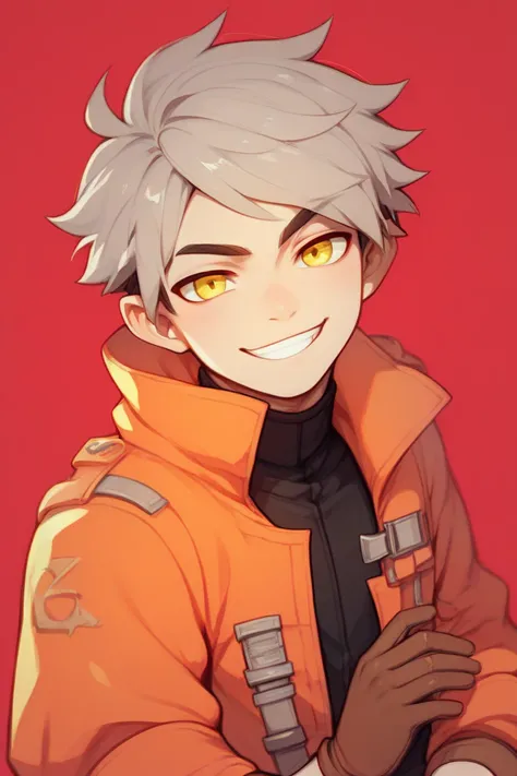  Boy with very short gray hair,  Short and tidy hair , Pointy hair,  fringes on the side and messy,  pale yellow eyes ,  pale skin , Wear an orange coat, wear brown gloves , Look at the viewer smiling,  Red background ,  red background . 