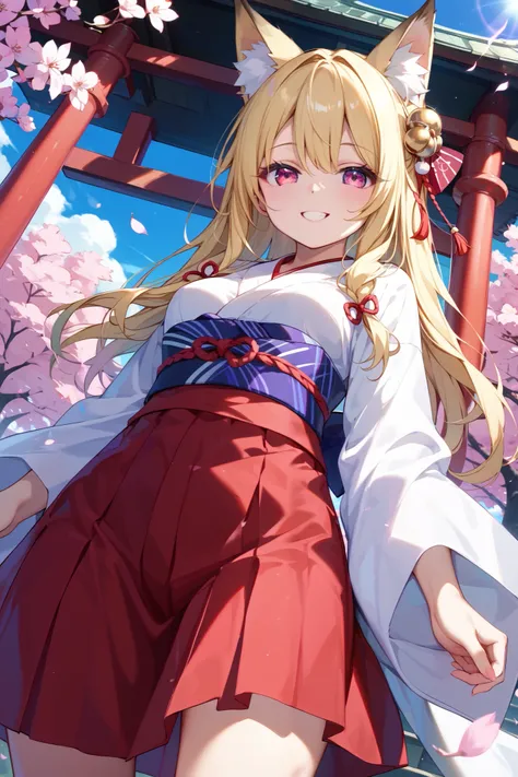 (((masterpiece、Best Quality、Hi-Res、16k))) ( female 1)、Fantastic Cherry Blossom Blizzard Background、Multiple cherry trees、(Fox Ears、Shrine maiden costume、 kimono、long blonde hair、red skirt)、( Soft Smile )、standing up picture、 Expansive Landscape Photos 、(lo...