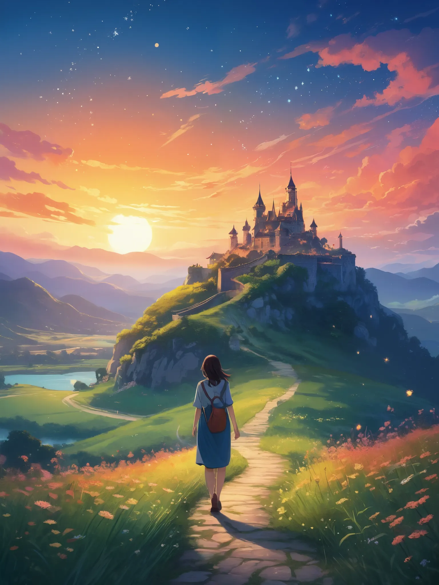 anime-style illustration, A serene landscape featuring a young woman is walking along a path The grassland, litle glowing flowers, fireflies, magical glow, overlooking mountainous valley and the great castle of the kingdom, stron clear blue sky, few stars....