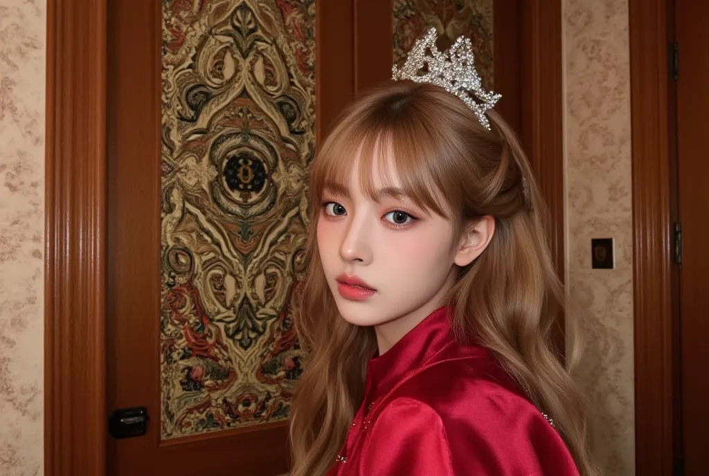 A kpop girl, korean, strawberry blonde hair,, pretty smile, douyin makeup, gorgeous, , stunning, lovely, princess big curls,  k-drama like scene, witch, leaning against a chamber door, 1800s time, wearing a beautiful red gown, frowning,