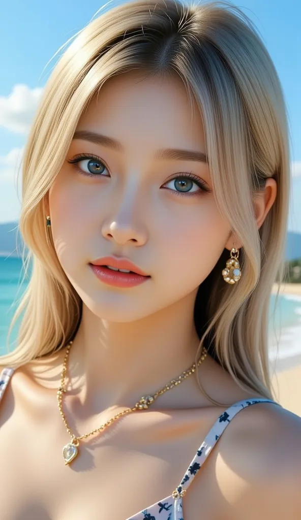 real image like the picture、８ｋ、How long do you stretch at the seaside、background、 Okinawa、Eyes that hang up like a cat、A woman with an innocent expression that leaves the vibe of a girl、 Gold、straight hair、 blue eyeshadow、Cheek、lipstick、mascara、eyebrow、swi...