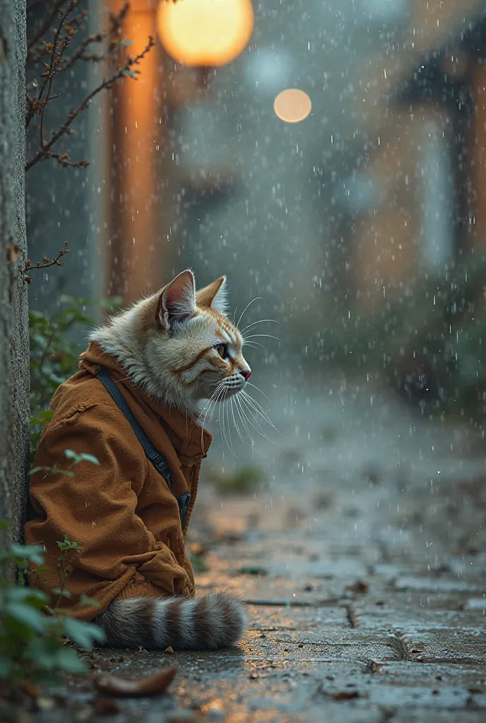 Suddenly, the cat heard a faint sound of crying. It looked around and saw a tiny  curled up in a corner of the footpath. The 's clothes were soaked, their body shivering, and tears were streaming down their cheeks.

The cat stopped in its tracks. It looked...