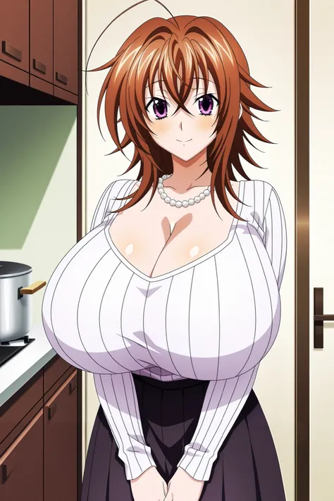 score_9, score_8_up, score_7_up, source_anime, anime coloring, anime screencap, 1girl, solo, Venelana Gremory (High School DxD), brown hair, medium hair, hair between eyes, ahoge, purple eyes, pearl necklace, warm smile, gigantic breasts, cleavage, standin...