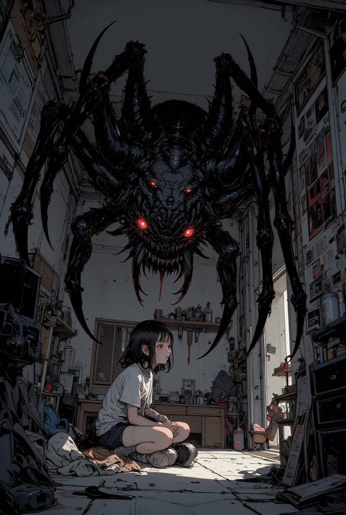 A dimly lit ren's bedroom, filled with toys and posters. In the center, a young  sits on the floor, staring in horror as their pet tarantula undergoes a monstrous transformation. The spider's body expands grotesquely, its eyes glow an eerie red, and its le...