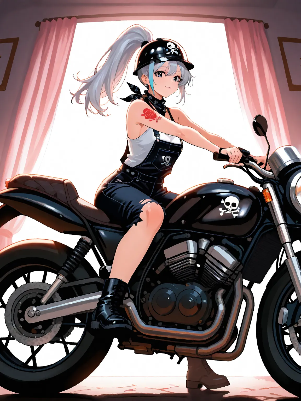 1girl, Backlighting bioluminescent neon, black bg. The image is a digital illustration of a cute  learning on a black motorcycle. The girl has silver white and black streaks hair tied up in a high ponytail with a black bow on top. She is wearing black sung...