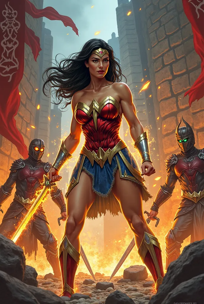 A high-fantasy battle illustration for the  role-playing game 'Curse of the Azure Bonds,' featuring Wonder Woman (Live version) in the bold, intricate comic book style of George Pérez. The scene captures an intense showdown between Wonder Woman and the Fir...