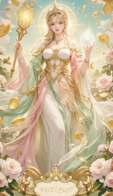 "A fantasy-style wallpaper symbolizing success in career, financial prosperity, and love. A radiant goddess stands in a celestial garden, wearing an elegant gold, pink, peach, and green gown. In one hand, she holds a glowing golden staff representing power...