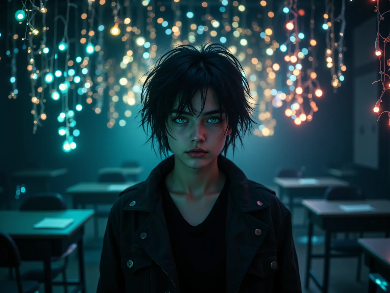 Mystical Classroom of Lights: Visualize an innovative interpretation of a classroom where learning transcends words. (A student with midnight-black hair, styled in an artful disarray, and curious, piercing emerald eyes stands at the center. Their posture e...