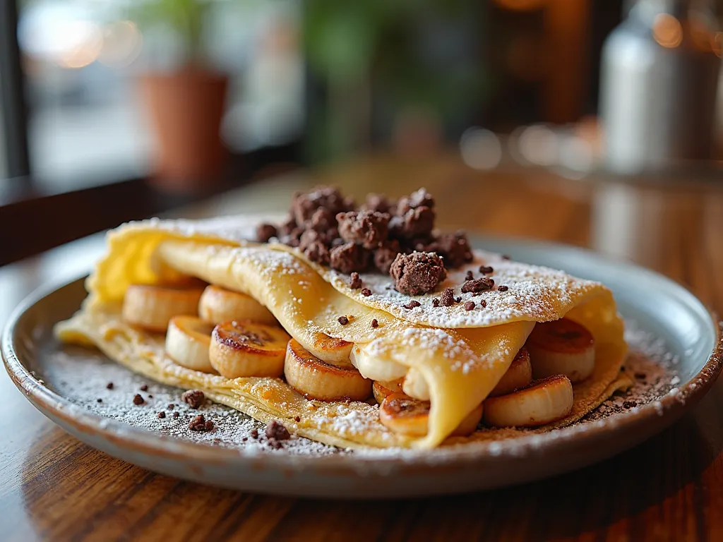 A gourmet crispy-edged crepe filled with caramelized banana and vanilla bean cream, topped with dark chocolate shavings and a dusting of powdered sugar, set on a rustic plate against a vibrant, blurred cafe background.