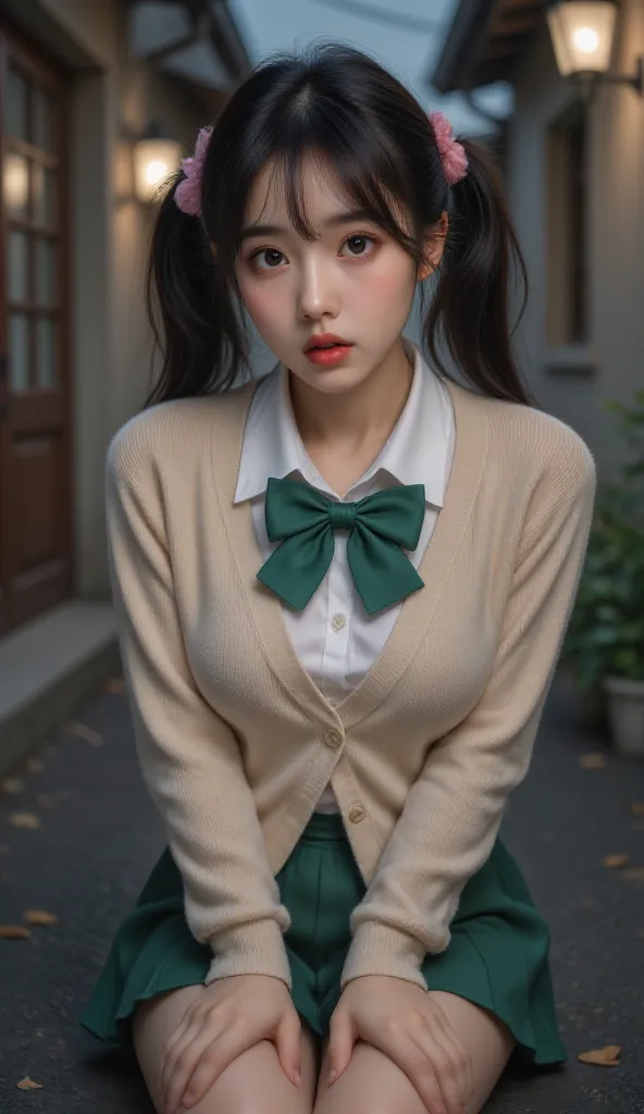 ( Cute  Girls ,  petite body,  brown eyes),  1 female, ( beautiful high school girl , Black hair with pink inner color hair,  elevated twin tails ,  asymmetrical bangs , mole under the eye:1.2,  small face,  beautiful skin,  surprised face,  open their mou...