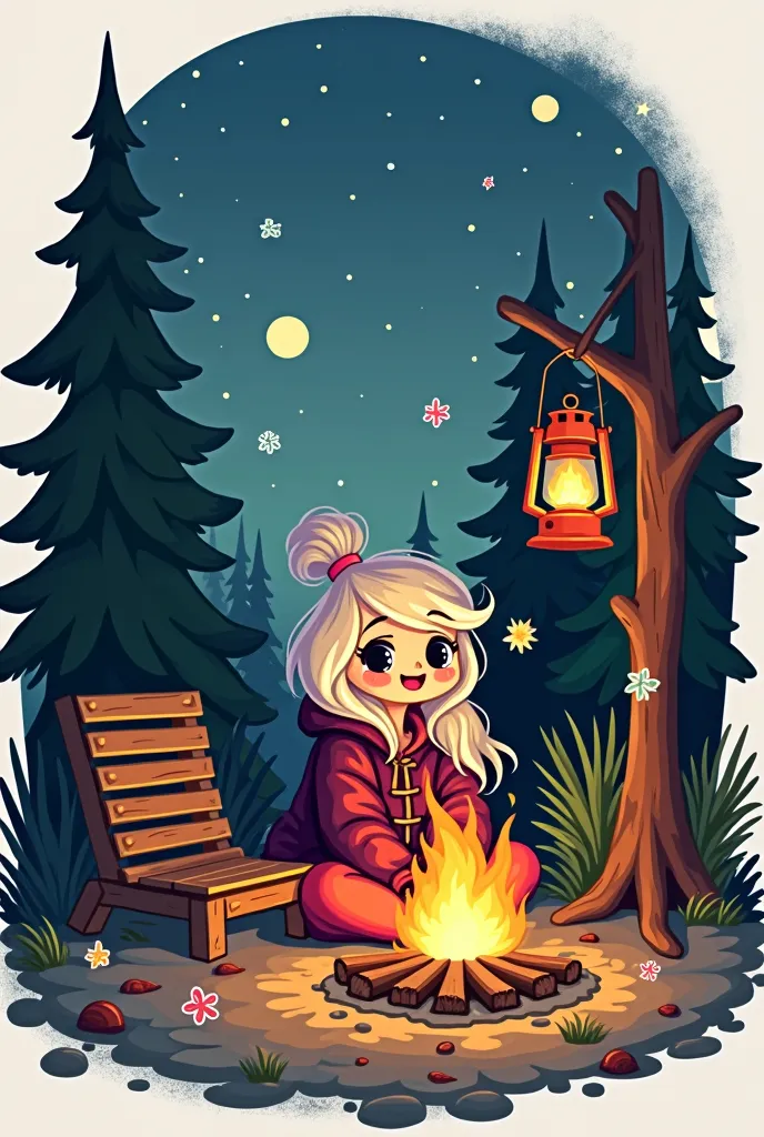 cute　female　 camping　Bonfire　lantern　 stickers 