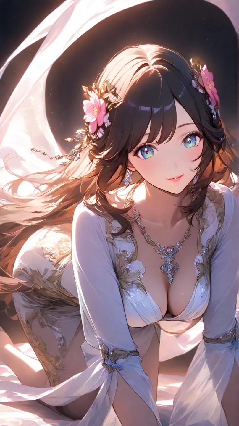 high quality　best image quality　Super Detail　high quality　4k 8k white dancer 　long brown hair　  pink flower hair ornament  　 medium breasts　 　  smile face　on all fours