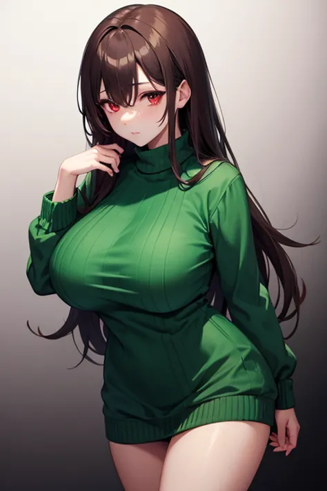  Female ,   Mature ,  Dark Red Eyes ,  Emotionally free tea party ,  long brown hair  ,  huge breasts ,   wearing green sweater , , a neat outfit   , alone,  With black background  , Anime-style image 