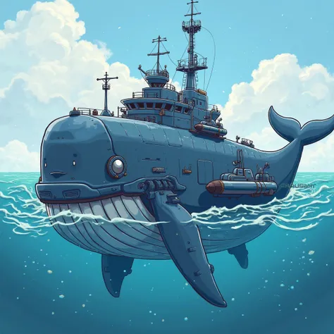 steel whale，navigation+dual-use diving vehicle，American cartoon style，similar to Supercell Gaming's product，must be full of technological and sci-fi elements，Carrying torpedoes, small submarines, etc.，to highlight the characteristics of the ship，You need a...