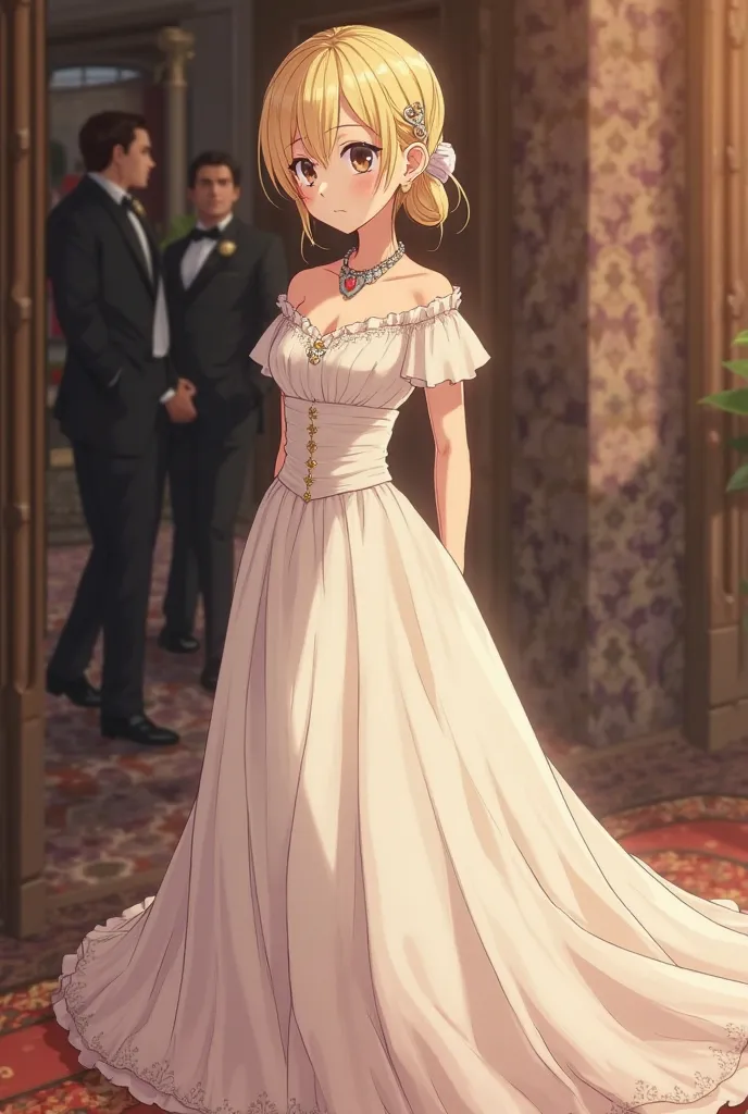 Woman walking to her left side, with an elegant wedding dress, with blonde sleeves, thin heart-style collar, hair tied with a metal garland, and little eyes, Saggy dress not so pompous with small tail
Make it a formal animated image