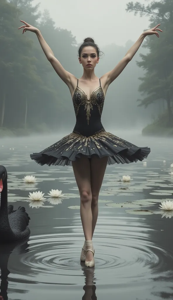 A young female ballerina, effect depicted in dark grey ballet suit with a black and white pattern in the "Swan Lake".  A girl with expressive facial features,  and European appearance, in the pose typical of ballet, with a raised hand.  Her eyes are focuse...