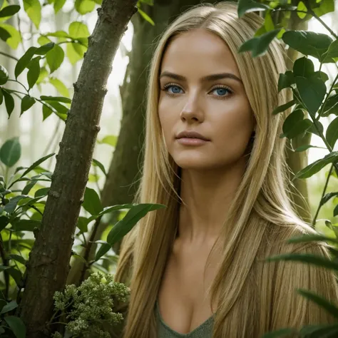 Hyper-realistic action scene in which a beautiful blonde woman closely examines the flora and fauna of America. "Add extremely precise details to plants, Animales, and the expression of astonishment on Columbus' face, 8k, CinematicLight, foto realista, Ren...