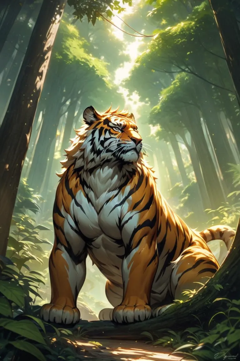 An anthropomorphic male tiger with a massive belly, he is very hairy.