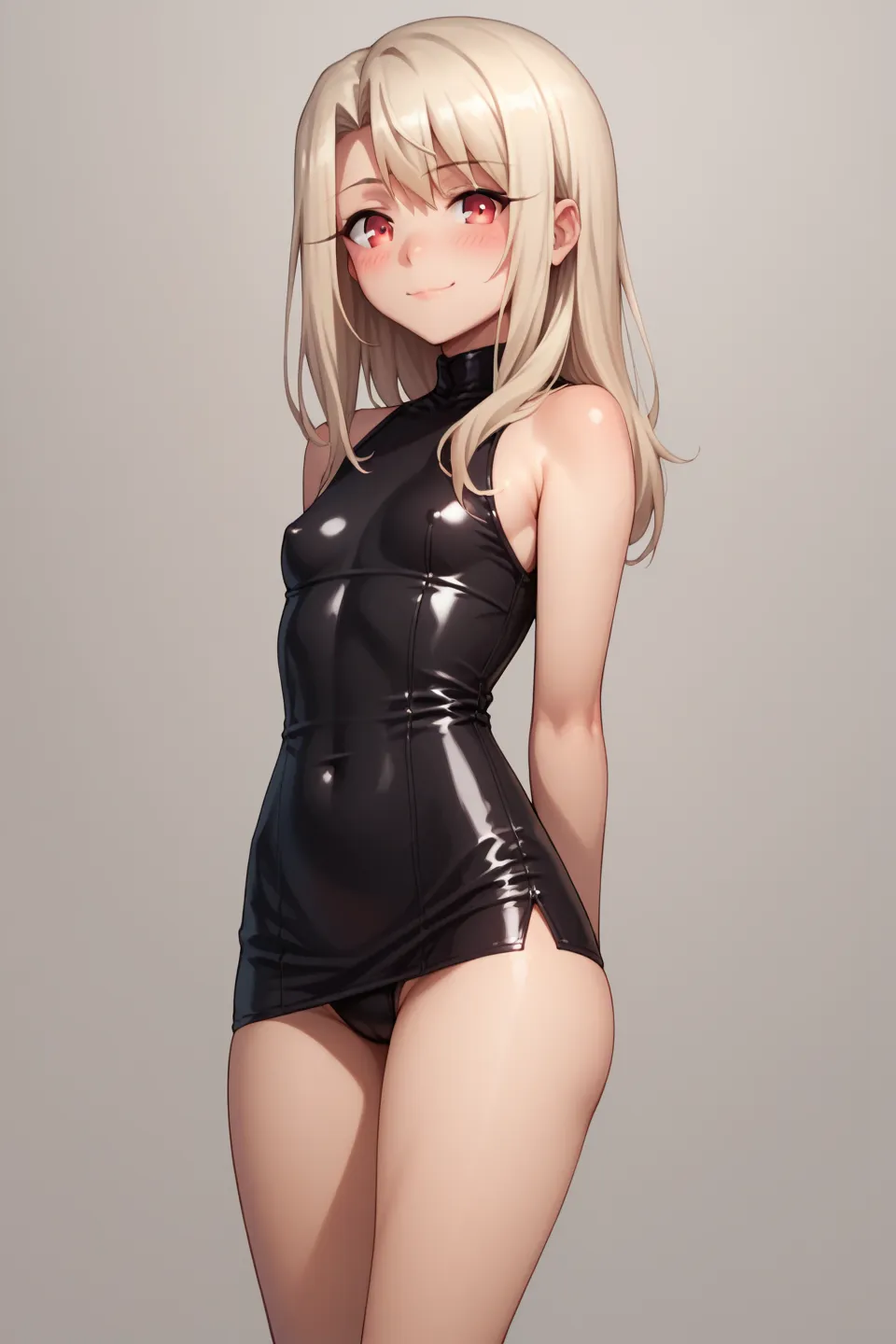 simple background, 1girl, black latex dress, illyasviel von einzbern, small breast, red eyes, blonde hair, blush, smile, closed mouth, crotch,