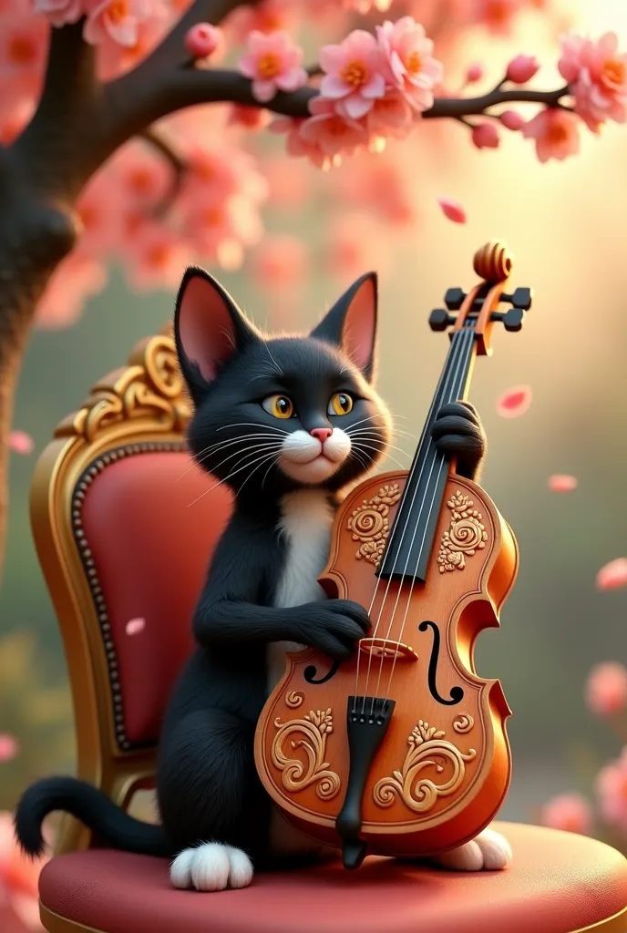 ..Set a vibrant, whimsical 3D render of a cheerful black and white dot cat, with a sleek, shiny fur and a petite nose, sitting on a ornate, golden chair, playing a beautifully crafted, polished cello adorned with intricate, swirling patterns under a lush, ...