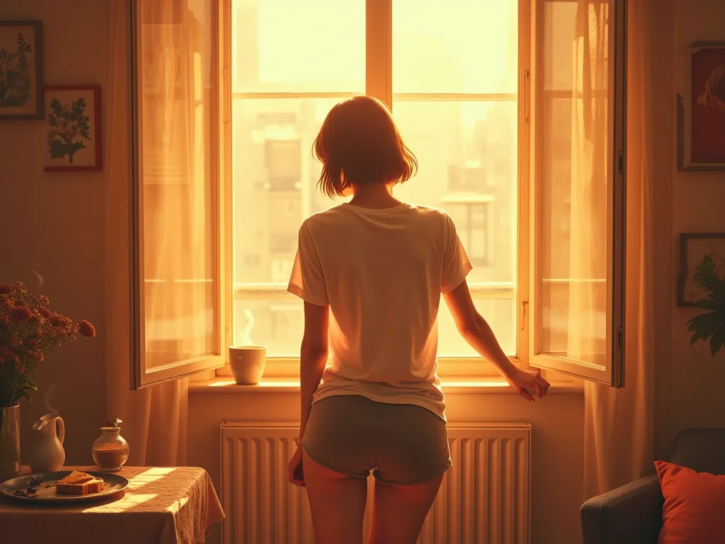 Retro City Pop Album Cover,Sunlight passing through an open window, a back view of a young woman in her 20s with short hair standing while stretching and looking out the window, wearing a loose-fit T-shirt and short shorts, a cup of coffee placed on the wi...