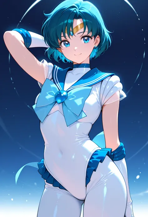 1 girl, solo, cowboy shot, smile, detailed eyes, masterpiece, best quality, Ultra detailed, high resolution, beautiful, BREAK sailor mercury, BREAK white plug suit