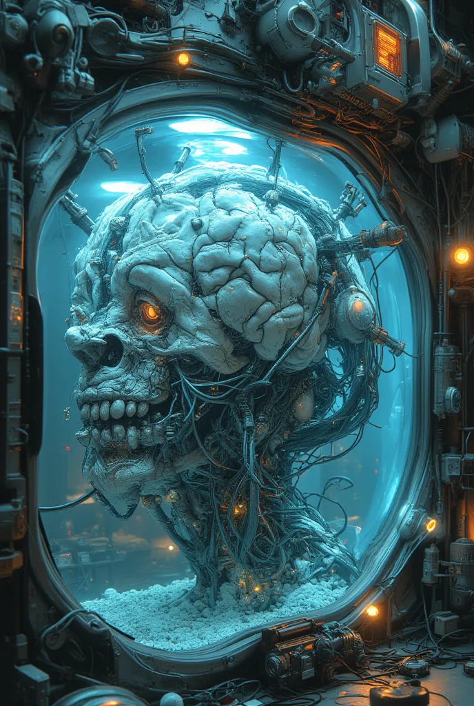  Secret Laboratory , close up of the brain cultured outside the body in an aquarium , Cable Connected to the Brain ,Secret Dangerous Experiment , illogical, discarded electronics  ,junk, ultra realistic configuration , surreal style in Las Vegas, neo-surre...