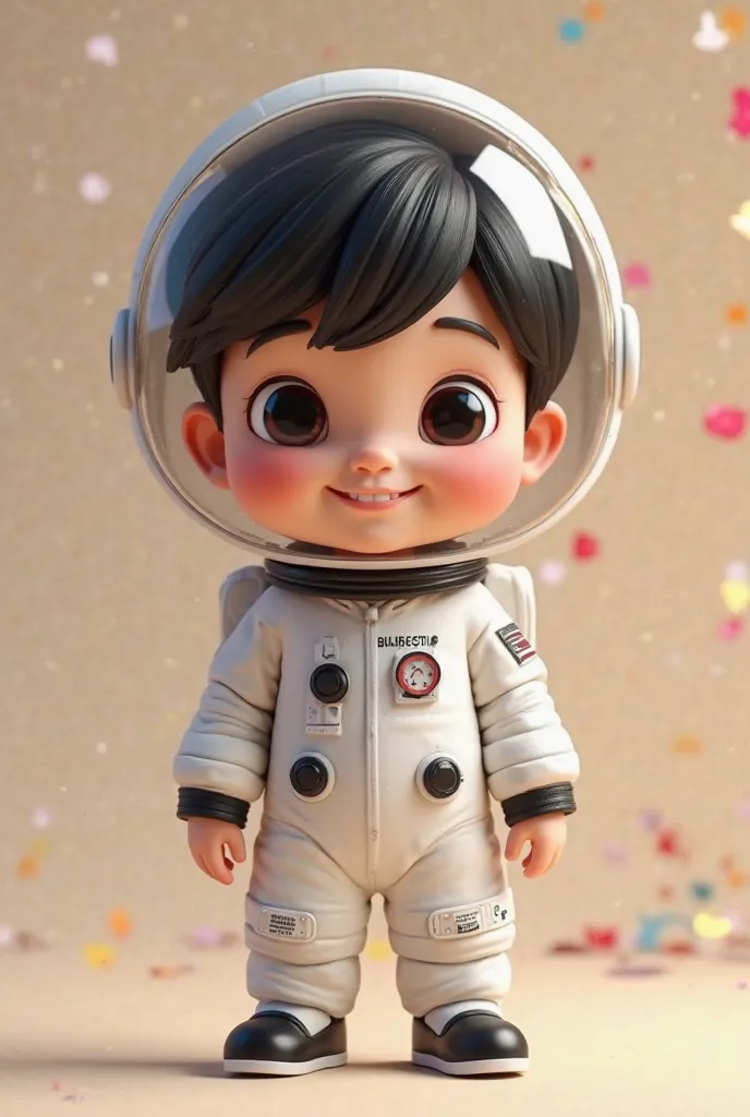 Create a 3D illustration of a boy with a cute and festive style, ideal for a party , with an astronaut theme, he is wearing a white jumpsuit with black detail, conveying a sweet and fun look, the straight and black hair on the side,the boy is smiling charm...