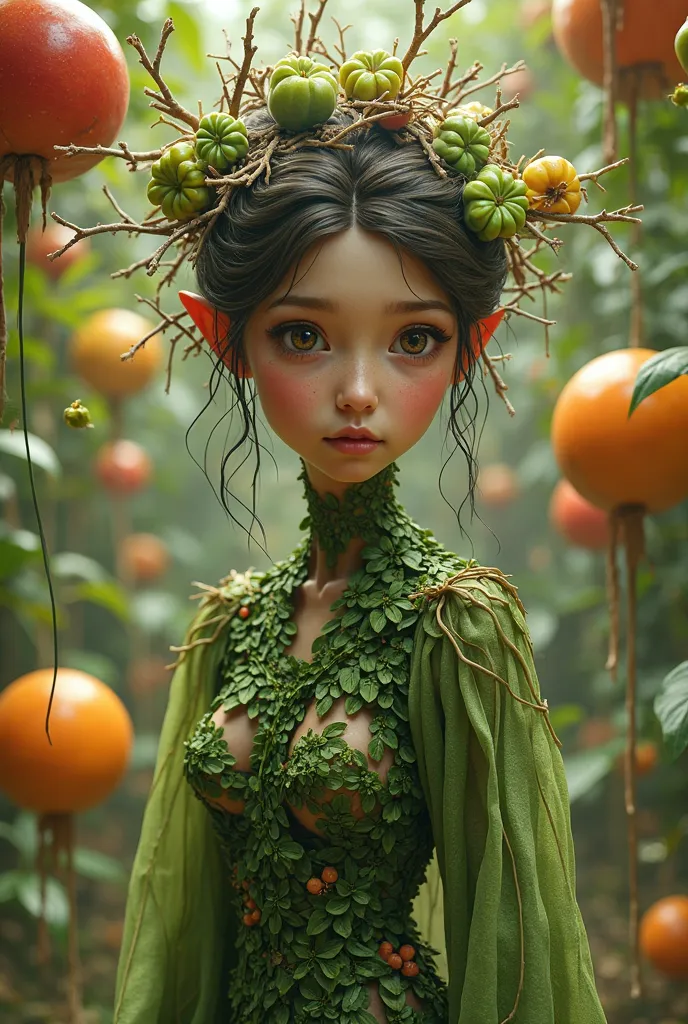 Girl with a body of leaves and hair of sticks at a party with fruits 