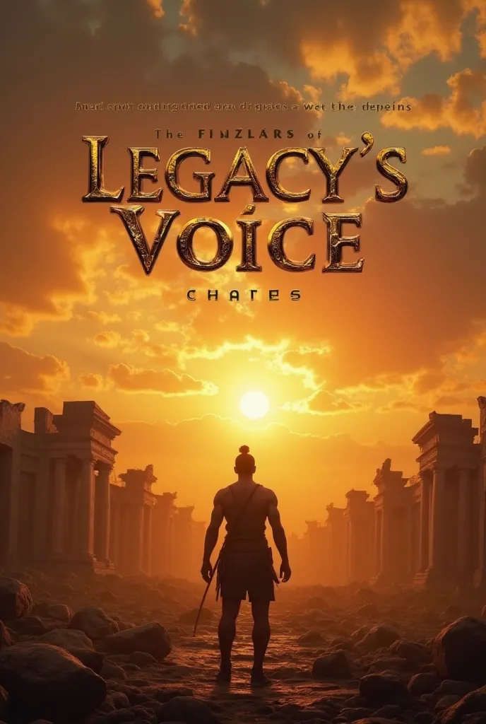 "Create a cinematic thumbnail for the song 'Legacy's Voice'. The scene should depict a dramatic sunrise over ancient ruins reminiscent of Mahishmati, with warm golden hues and soft rays of light piercing through scattered clouds. In the foreground, display...