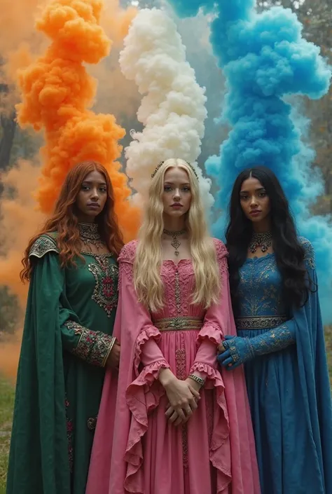 Make me three evil human kings. A brown king in green clothes. In the middle a blond queen in pink clothing and another black-haired queen in blue clothing. That behind them there is smoke of their colors Make them look bad