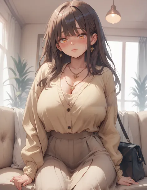 A young girl with long brown hair, amber eyes, big breasts, thick thighs, warm light, living room, couch, blushing, shy gaze, Yellow Cardigan, Simple Blouse (White), long Skirt (Dark Blue), gold necklace, crossbody bag