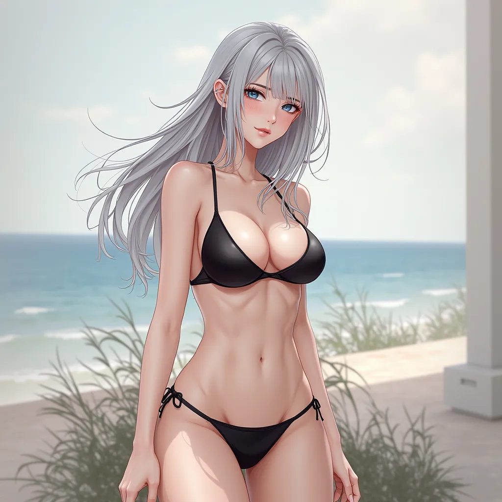 realistic photo of a sexy woman in black bikini, silver grey flowing hair and blue eyes, slim body, big boobs