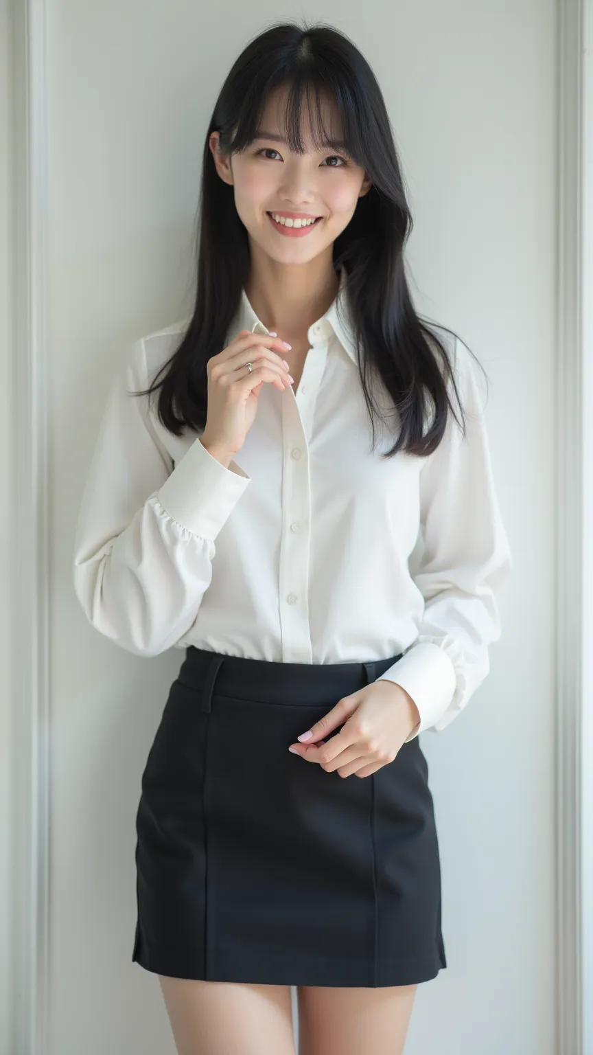 smile、 pretty face、natural makeup、 black hair、Straight Hair、Smooth, semi-long、Has bangs、white shirt、Office Style、A Japanese woman poses for a photo, The whole body is thin, Wear tight, Office Clothes, miniskirt, fashion model , クロップトップとminiskirtを着用,  waist...