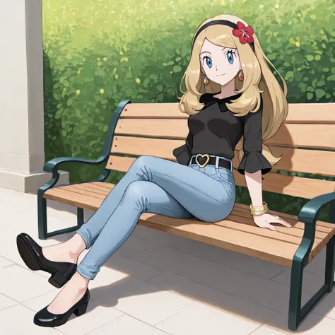 1 girl, {Serena (Pokemon)}, blue eyes, blonde hair, long hair, smiling, in love, medium breasts, sitting on a bench, nice legs, crossed legs, gold bracelets, hair flower, red flower, black hairband, gold earrings, black blouse, jeans, black belt, gold buck...