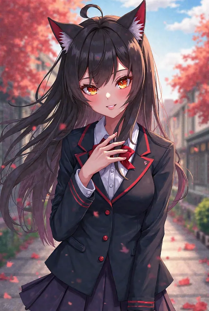 Anime girl with black hair and red highlights, orange eyes, school uniform, black jacket, and cat ears