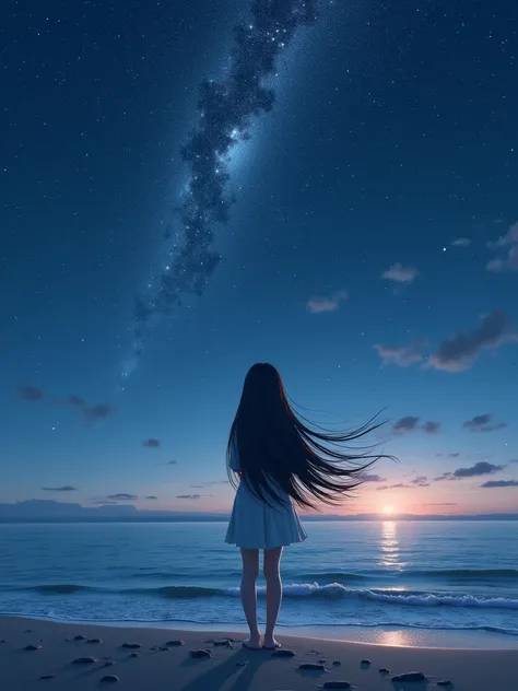 Woman standing on sandy beach　Bob Straight Hair　Face the ocean and look up at the starry sky　Prayer space