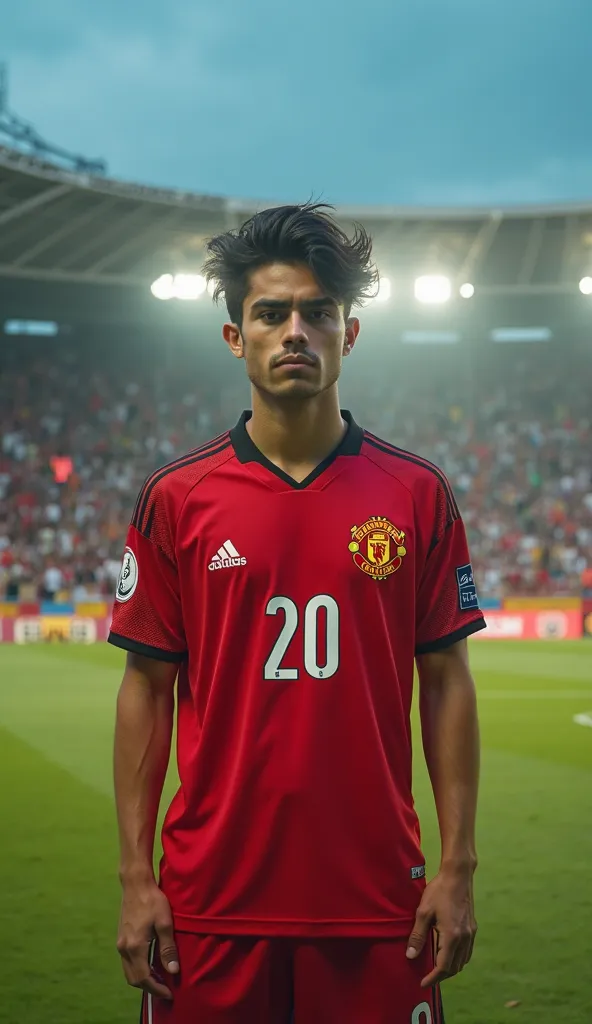 Handsome young man of black haired Saudi Arabian origin with bright white smile cynically wears Manchester United jersey number 20 and white shorts. Photo pose standing facing the camera.  Behind there is a supporter of the Indonesian national team. Backgr...