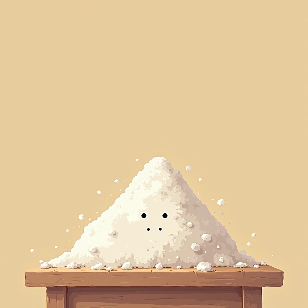 "A cartoon image of a small pile of flour on a table, with light texture and shadows. The background is a solid beige. The style is 2.5D, bright and ish, with soft lines.