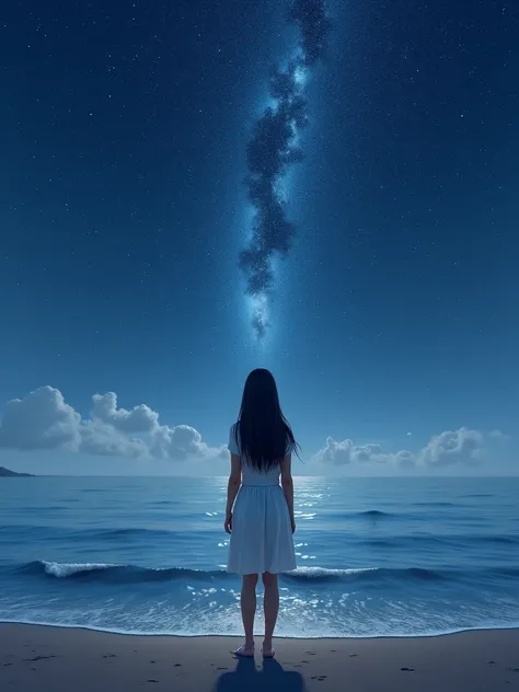 Woman standing on sandy beach　Bob Straight Hair　Face the ocean and look up at the starry sky　Prayer space