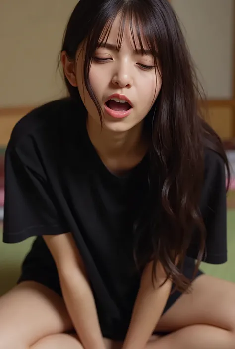 (((((One girl in her twenties:2、Baby Face))))),detailed顔の質感、(masterpiece,Best Quality:1.9),8k, detailed,detailed毛穴,reality, Japanese-style room、on the futon、Brow wrinkles、close my eyes hard、shout、open your mouth wide、((( black large size t-shirt、T-shirt w...