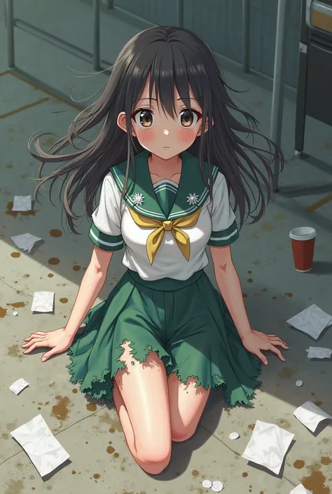 Image anime school girl wears green skirt she was ground and her uniform and her skirt got ripped and destroying