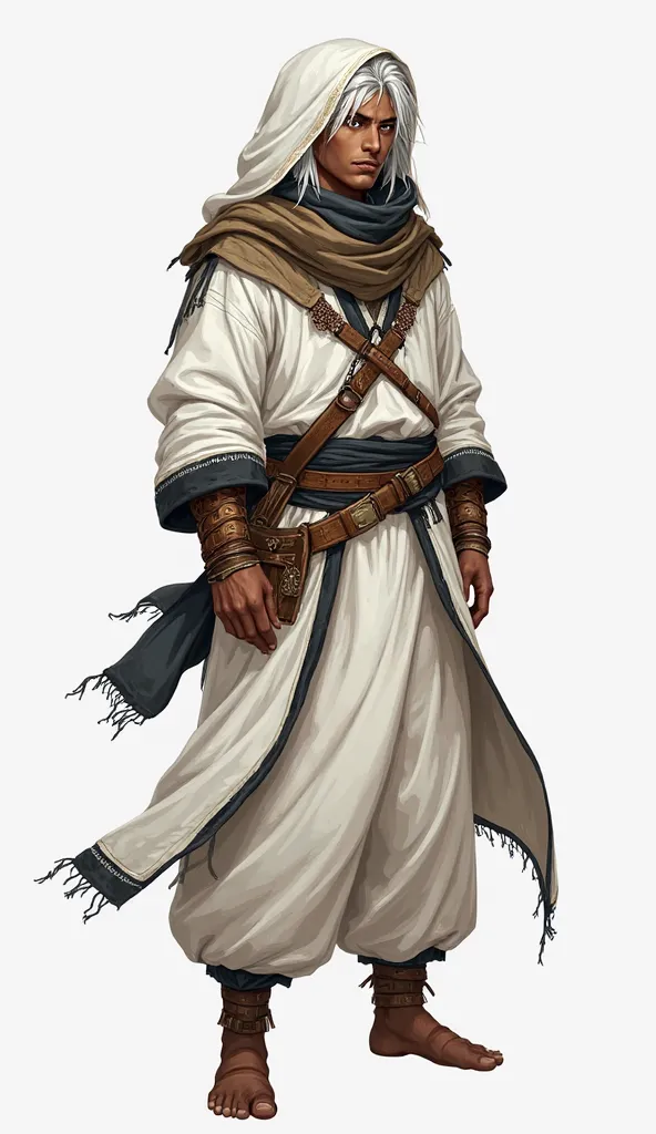 Full body art. Male RPG character, brown skin, gold eyes, white hair, wearing a long-sleeved wide desert tunic, wearing harem pants, wearing a Scarf on his neck, wearing a hood. his clothes are white with black details.