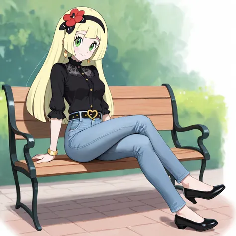 1 girl, {Lillie (Pokemon)}, green eyes, yellow hair, smiling, in love, medium breasts, sitting on a bench, nice legs, crossed legs, gold bracelets, hair flower, red flower, black hairband, gold earrings, black blouse, jeans, black belt, gold buckle, heart ...