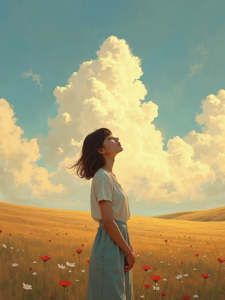 A woman on the prairie　Bob Straight Hair　Look up at the sky、Think of the sky connecting with people you love　Prayer space