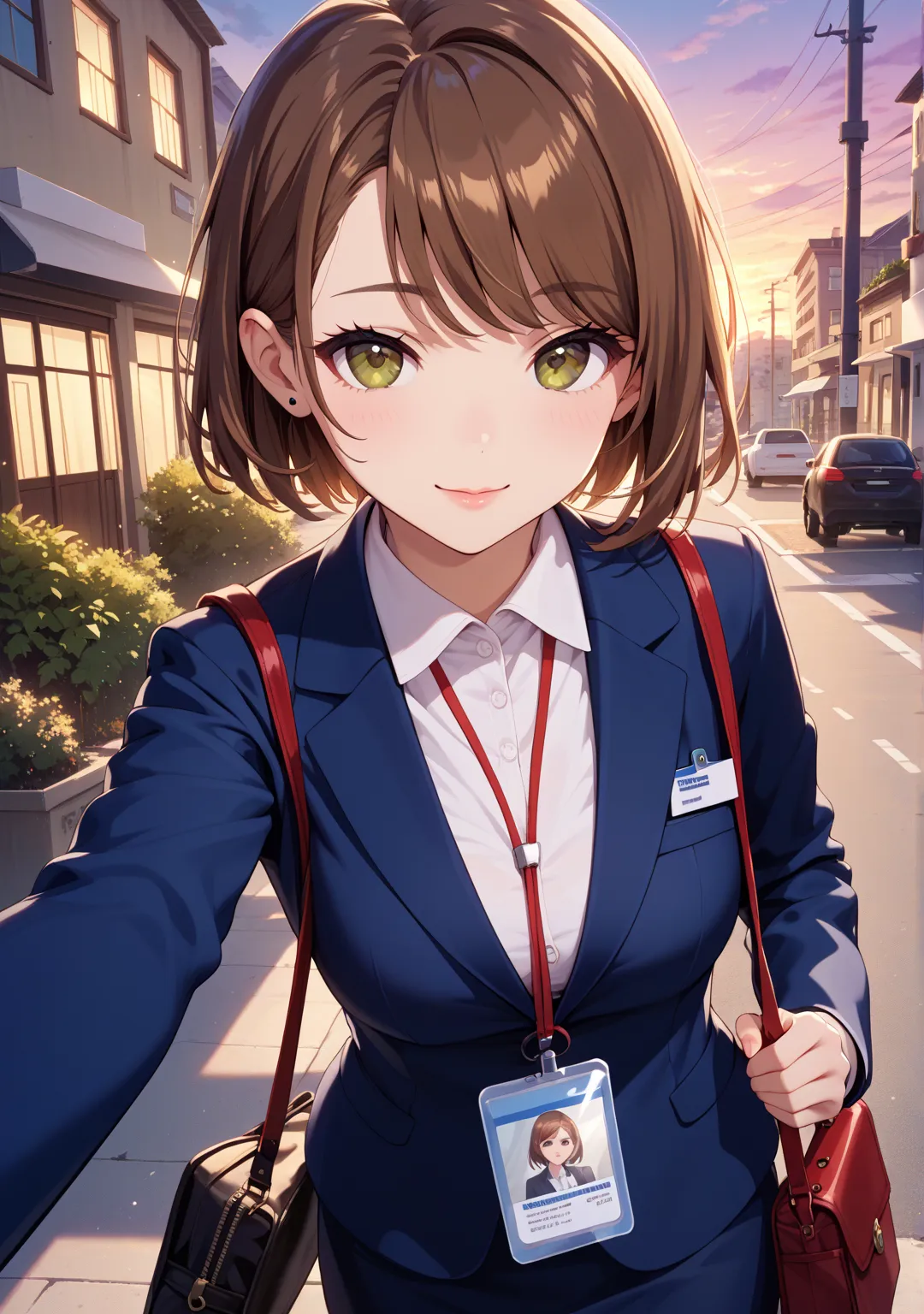 Town,Selfie,nsfw,office lady,one girl,short hair,straight hair ,brown hair,brown eyes,swept bangs,white shirt, dark blue skirt, dark blue blazer,walk,id card holder,bag,evening