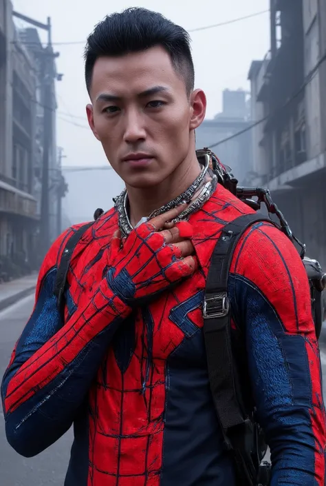 China Man dressed like spiderman  "photo realism"