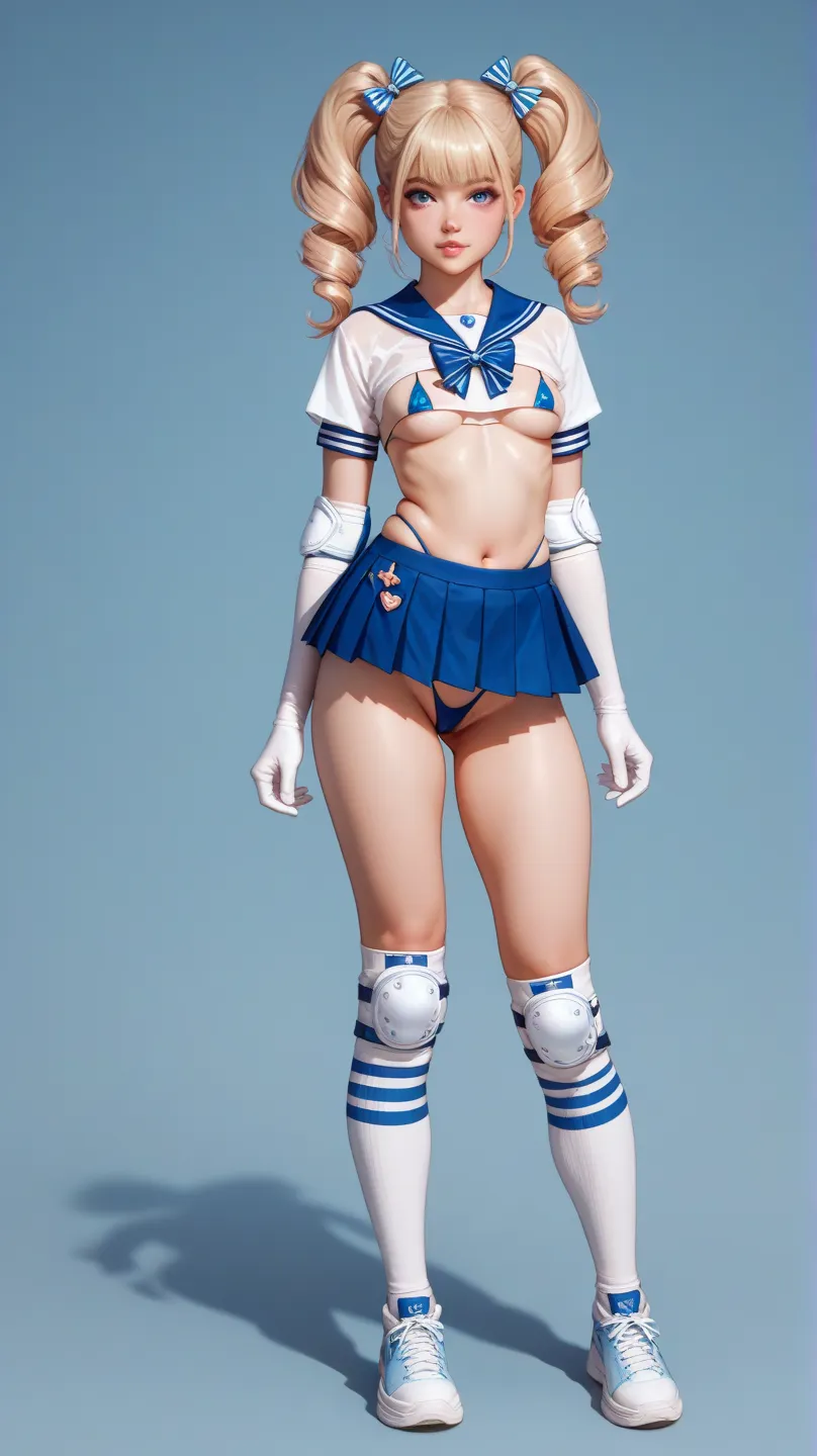 woman standing entirely visible within image frame, blond pigtails hair style, small breasts, sexy sailor costume, chunky hightop sneakers with bows, bow accessories, high waisted thin strap thong, small micro bikini, extremely short pleated micro mini ski...