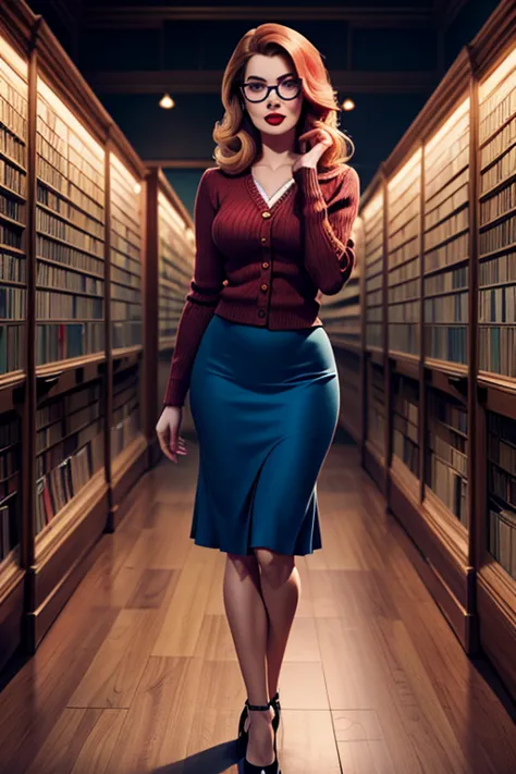 A beautiful Caucasian librarian poses in the aisle of a library. The librarian's facial features are a combo of Renee Olstead + Margot Robbie + Elena Satine. The librarian wears glasses and a pink button-front sweater and a blue skirt and black high heels....