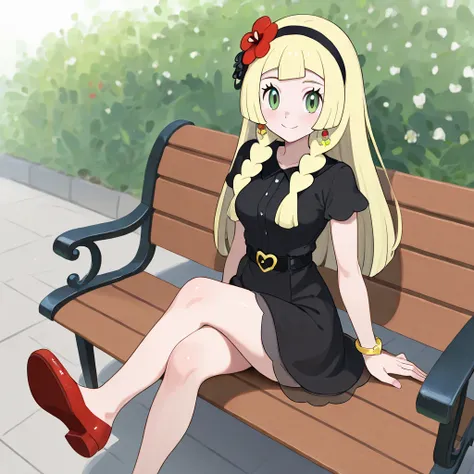 1 girl, {Lillie (Pokemon)}, green eyes, yellow hair, smiling, in love, medium breasts, sitting on a bench, nice legs, crossed legs, gold bracelets, hair flower, red flower, black hairband, gold earrings, black blouse, black skirt, black belt, gold buckle, ...